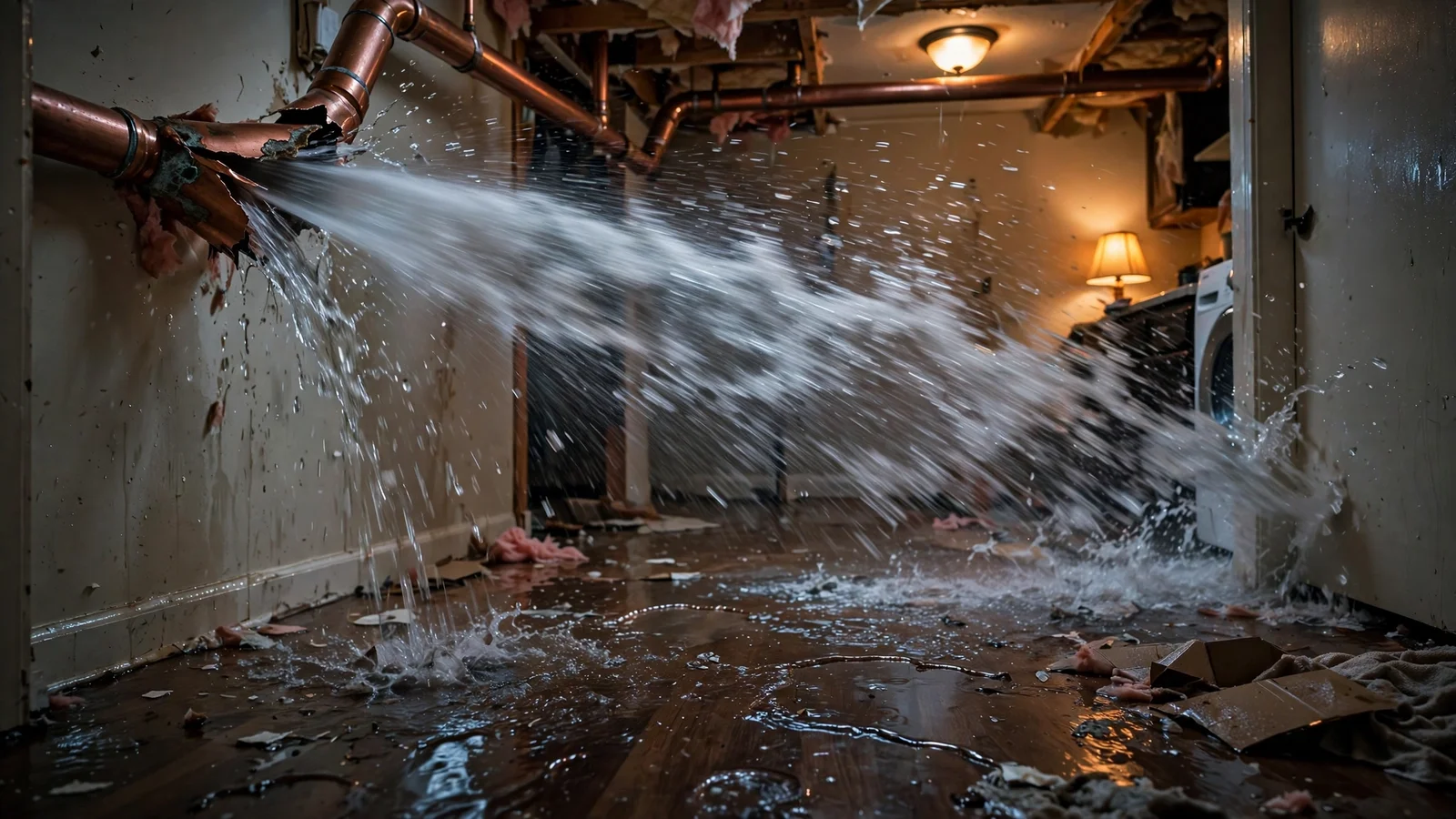 Burst water pipe leaking into a basement ceiling in a Northglenn, CO home